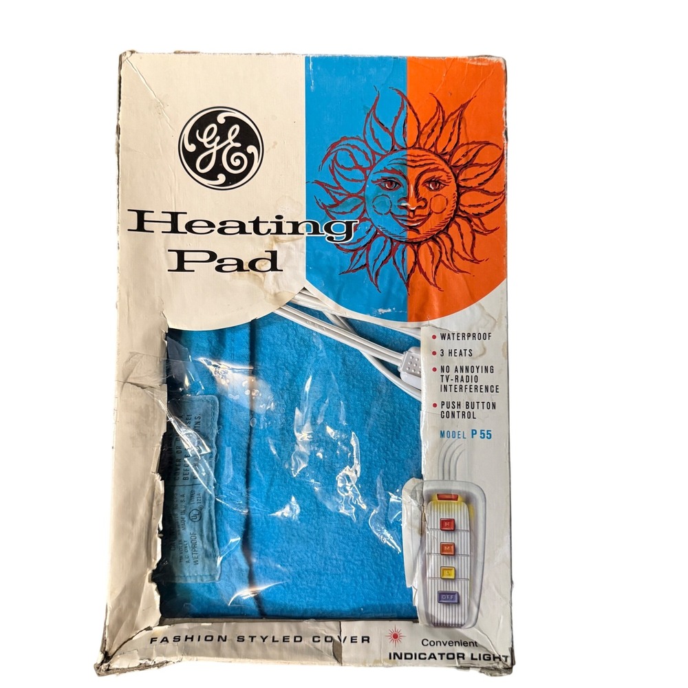 Vintage GE Automatic Heating Pad Model P55 Blue Cloth Cover & Original Box